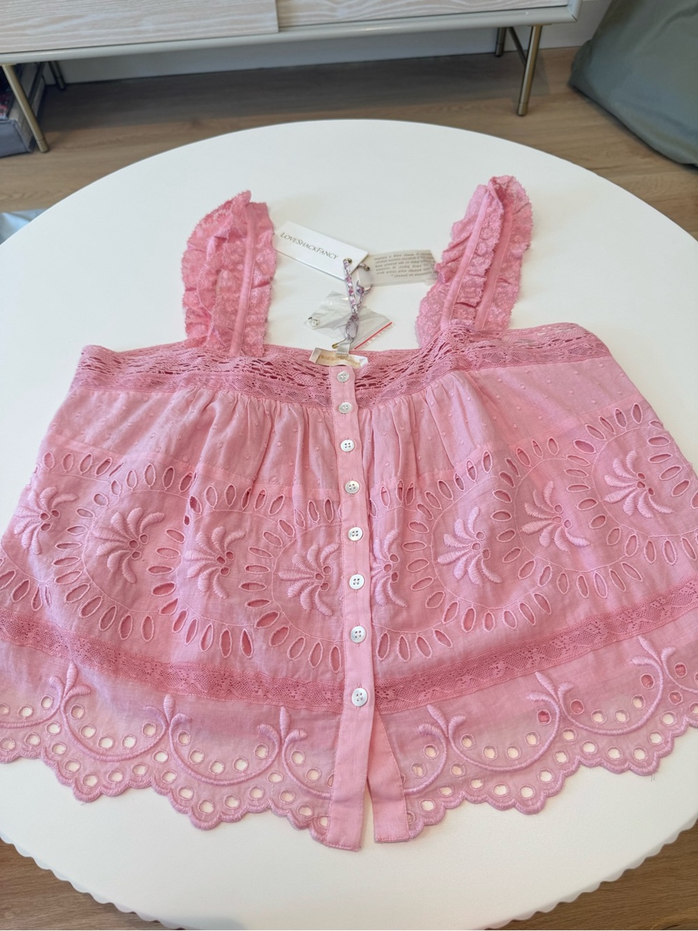 LoveShackFancy Pink Eyelet Lace-Trim Tank